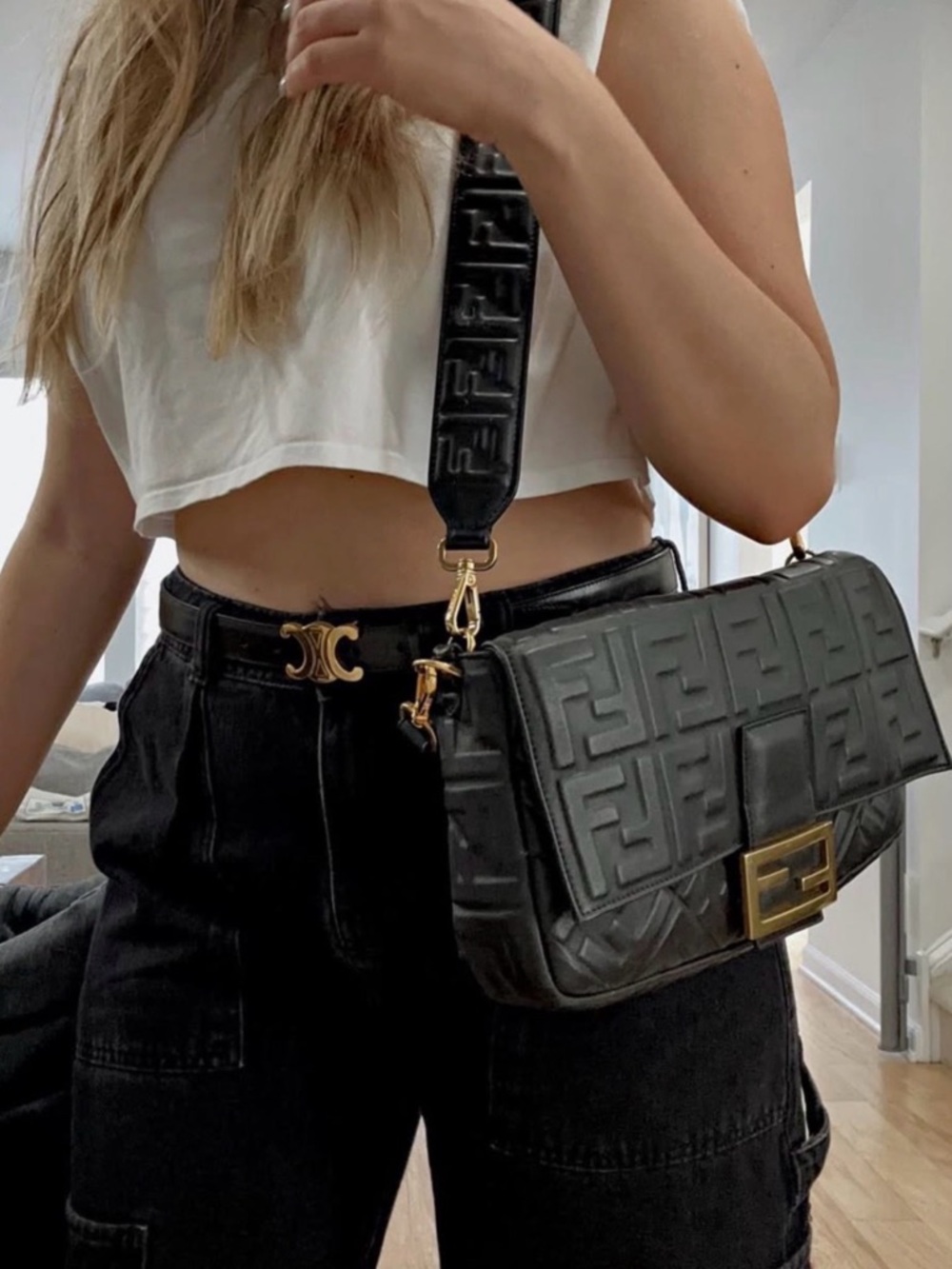 Fendi Black Embossed FF Leather Shoulder Bag with Gold HW large w special strap